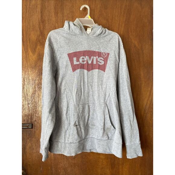 Levi’s Hoodie Mens L Long Sleeve Pullover Sweater Logo Graphic Gray Heather Read - Picture 1 of 12